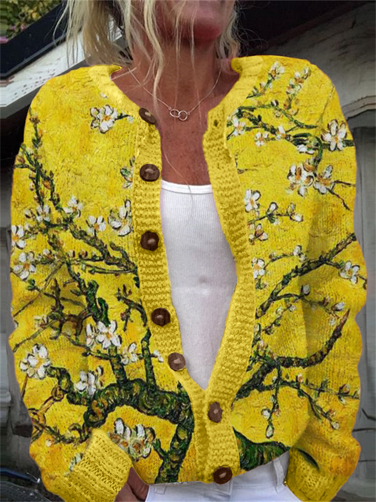 Comstylish Bright Yellow Almond Blossom Cozy Knit Cardigan