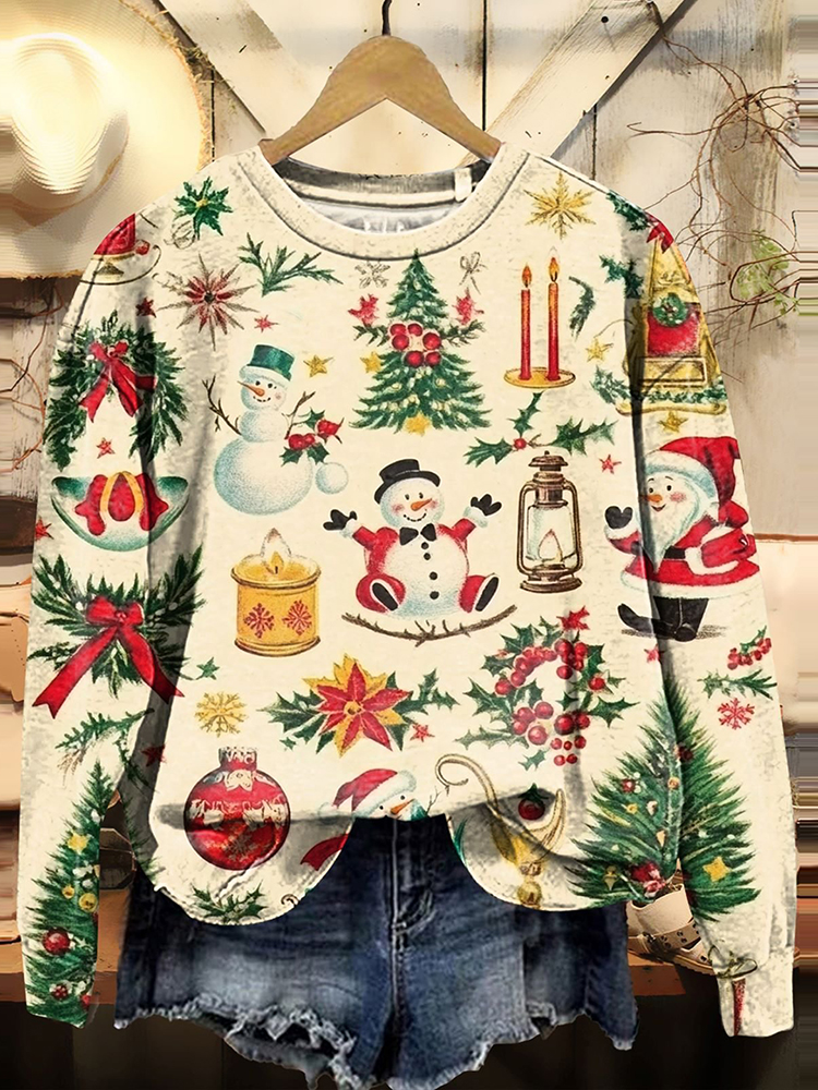 Comstylish Vintage Christmas Snowman Print Crew Neck Sweatshirt