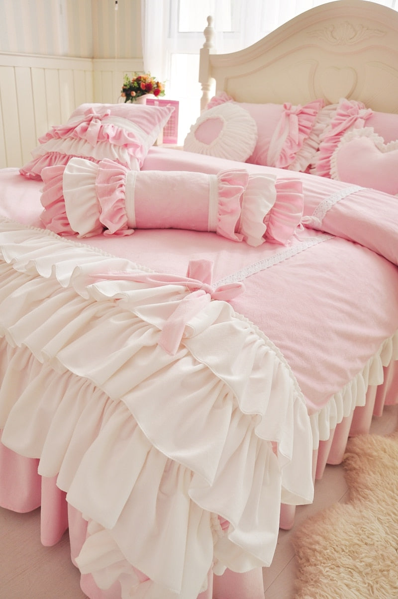 Pink Purple Blue Korean Princess Girl Fleece Fabric Bedding Set White