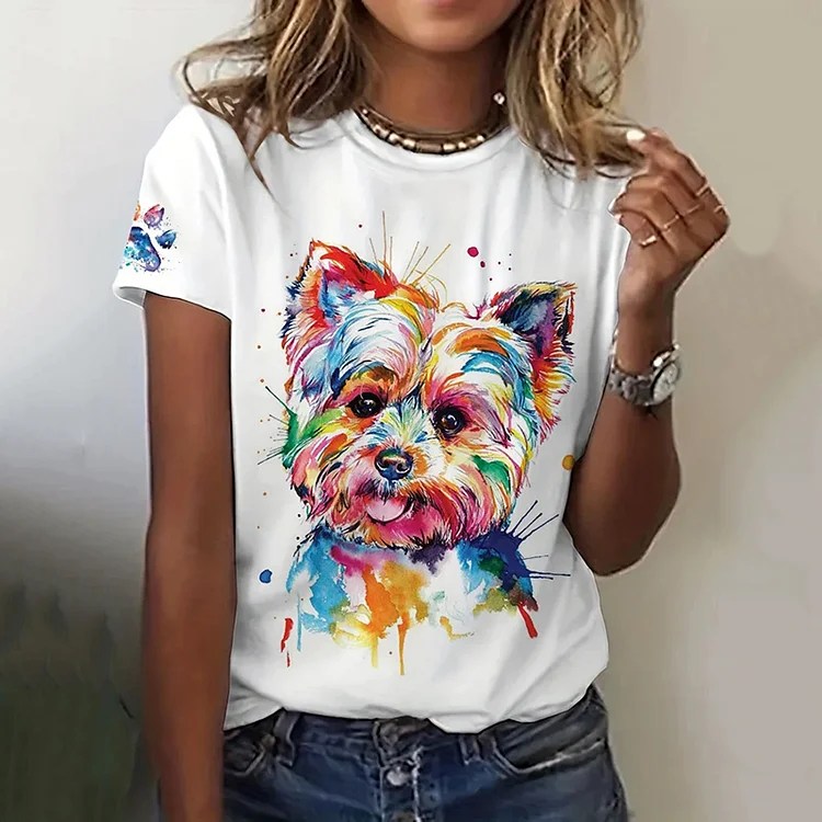 Comstylish Women's Cute Colorful Dog Printed Casual TShirt