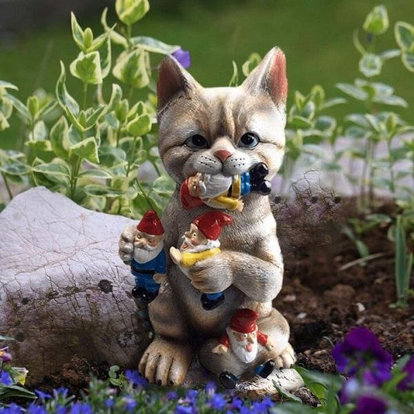Cat Eating Gnomes Statue