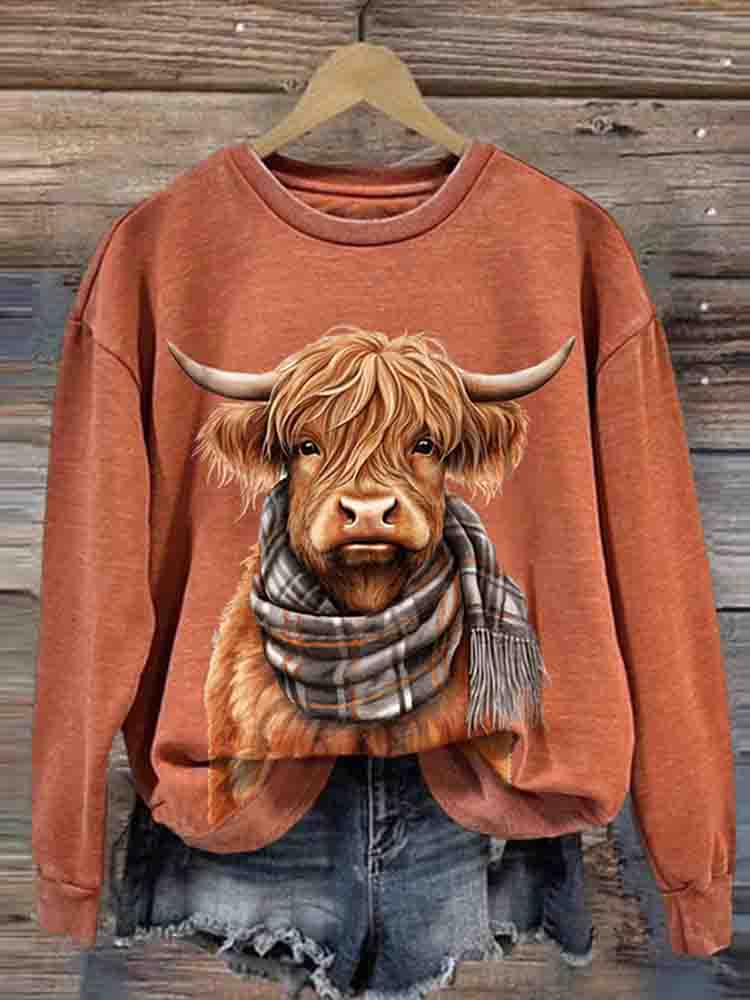 Comstylish Women's Highland Cow Print Round Neck Sweatshirt