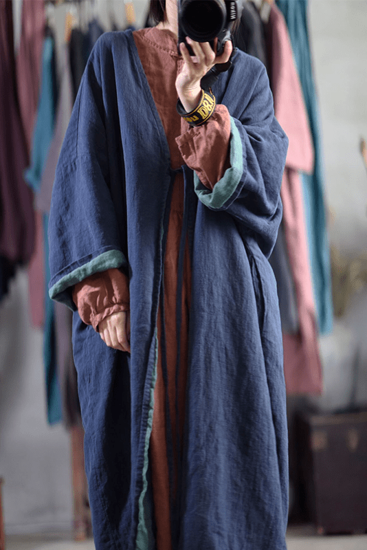 Plus SizeFall Retro Cotton Linen Robe Blue Casual Coat
