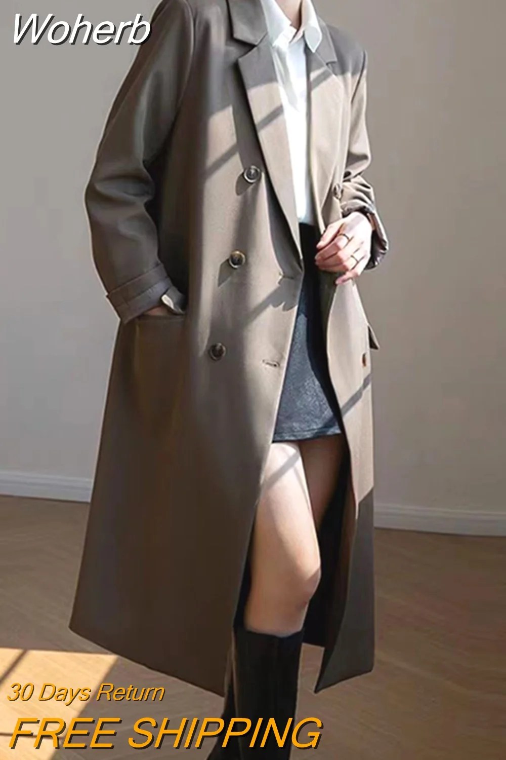 Woherb Double Breasted Long Blazer Trench Coat Korean Fashion Turndown