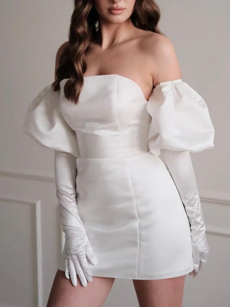 Zachics Off Shoulder Puff Sleeves Solid White Simple Mini Wedding Dresses
