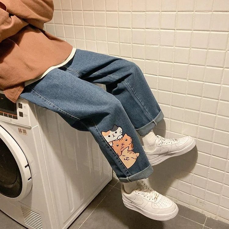 Harajuku Kawaii Anime Cat Jeans Cute Loose Pants SP16407