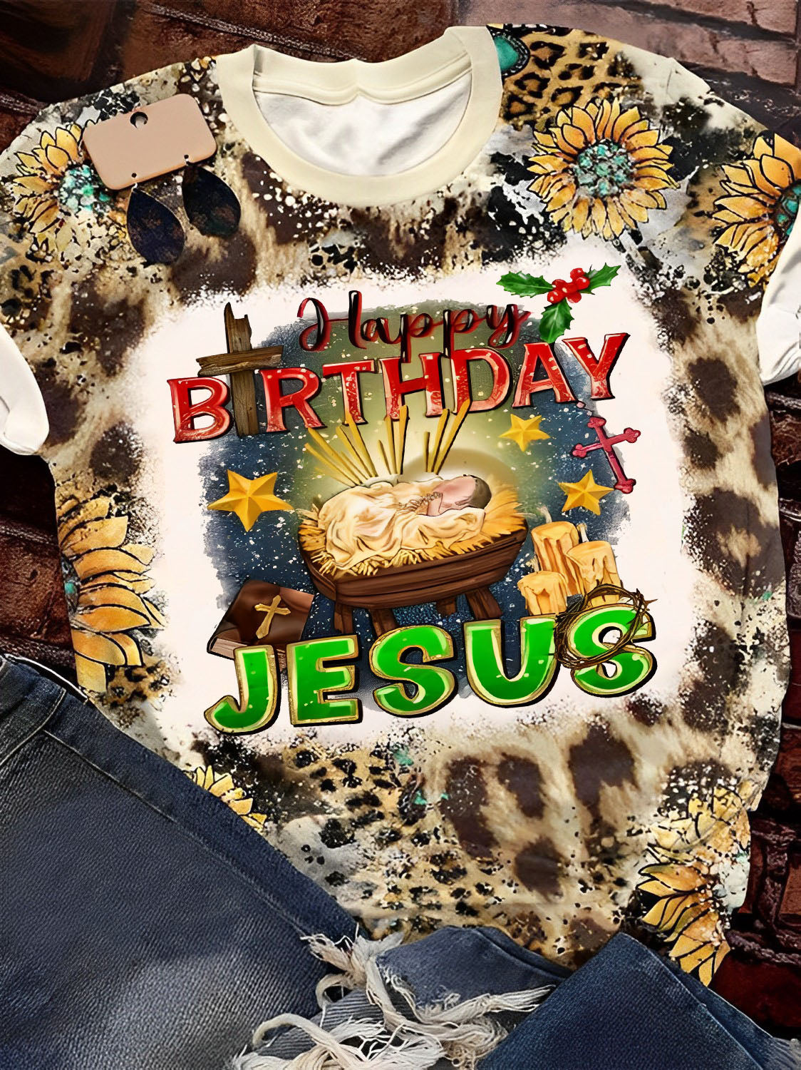 Happy Birthday Jesus Print Crew Neck TShirt