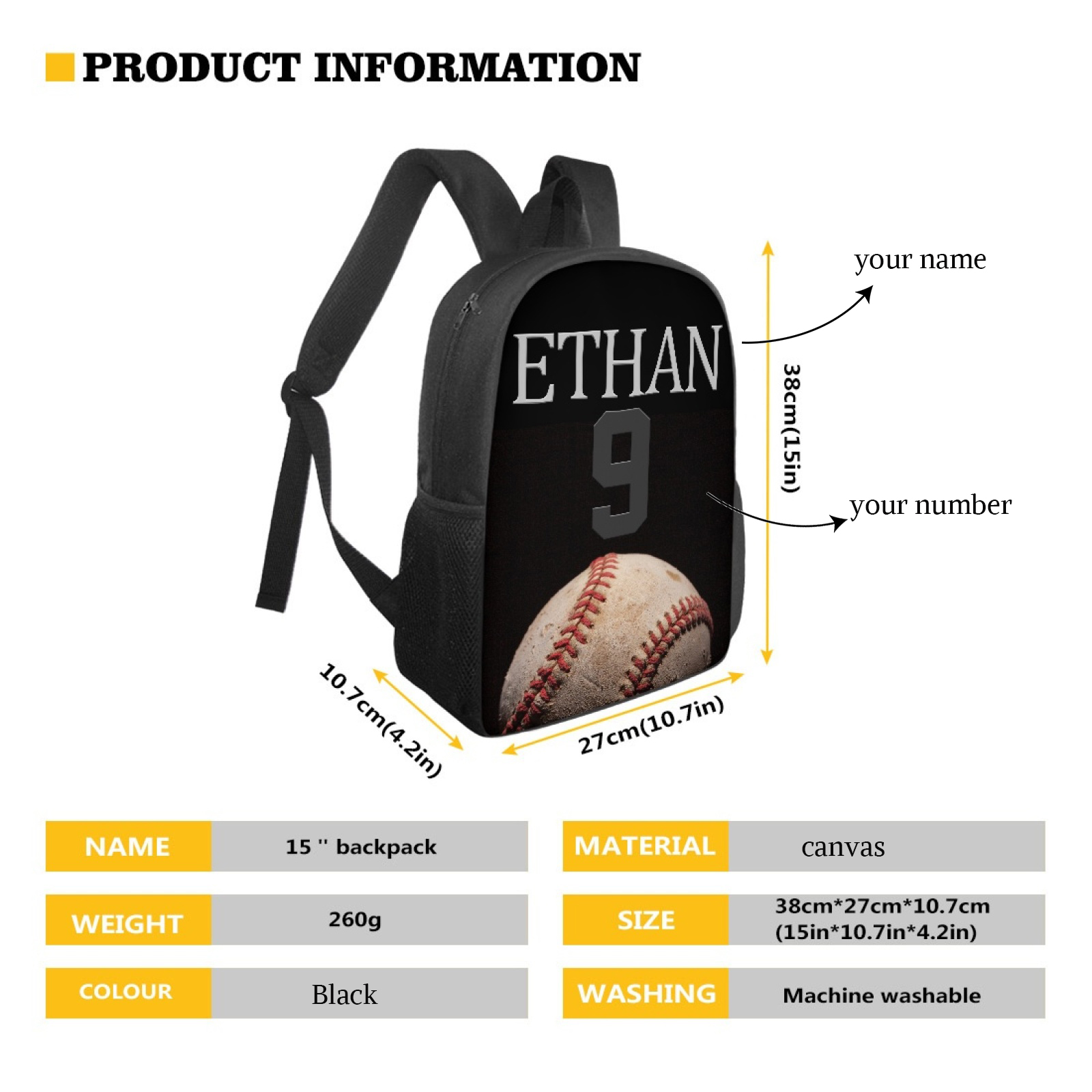 Personalized Name Baseball School Bag Boys Black Backpack, Customized
