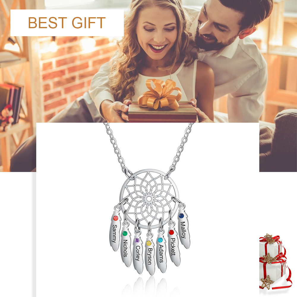 Customized 7 Birthstones Retro Dream Catcher Pendant Necklace