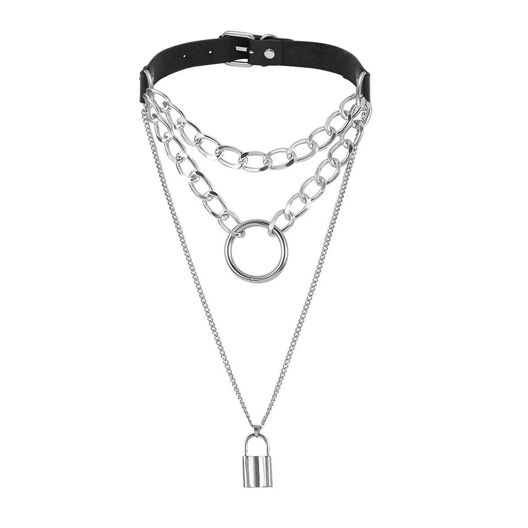 PU BELT CHAIN LOCK LAYERED NECKLACE