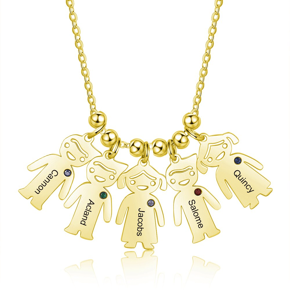 Personalized Kids Charm Necklace With 5 Birthstones Engraved Names Gift