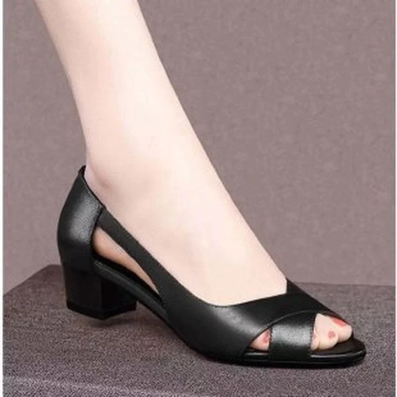 Yyvonne Leather Women Shoes Comfortable Ladies Mid Heel Sandals Hollow