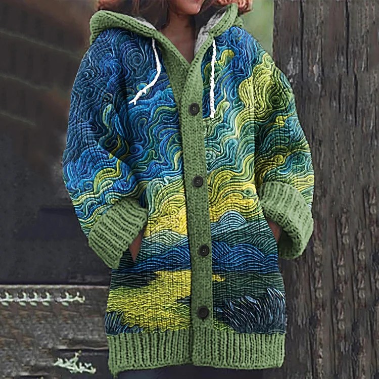 Comstylish Vintage Van Gogh Art Embroidery Knitted Warm Cardigan Sweater