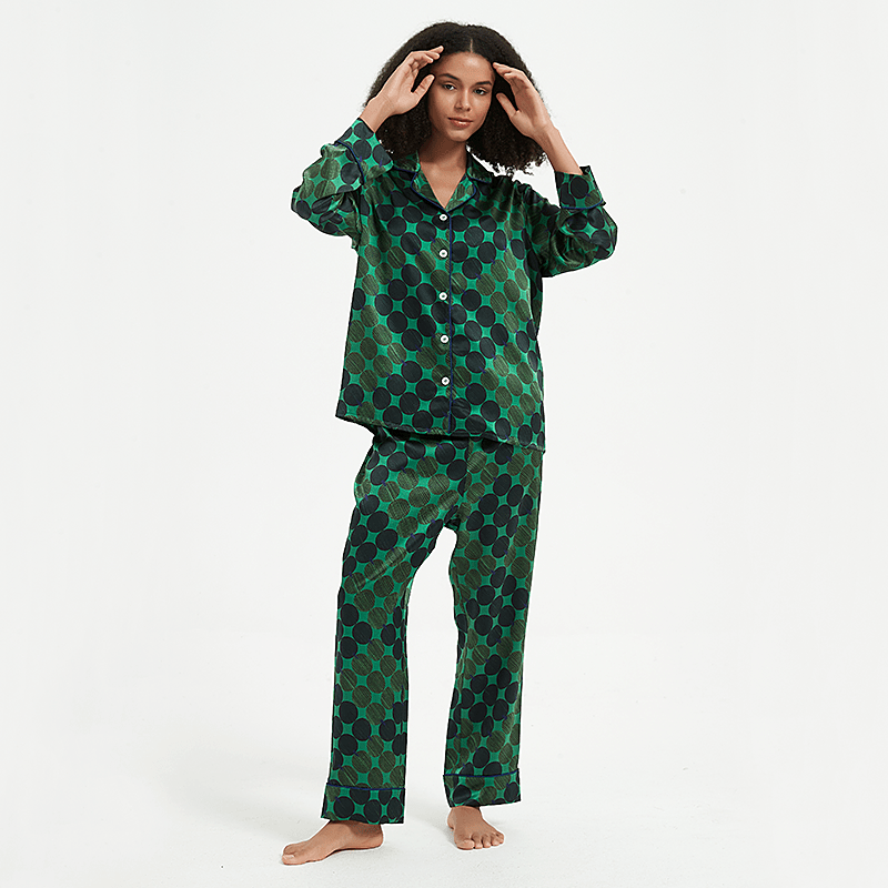Real Silk Life Polka Dot Green Silk Pajamas For Women