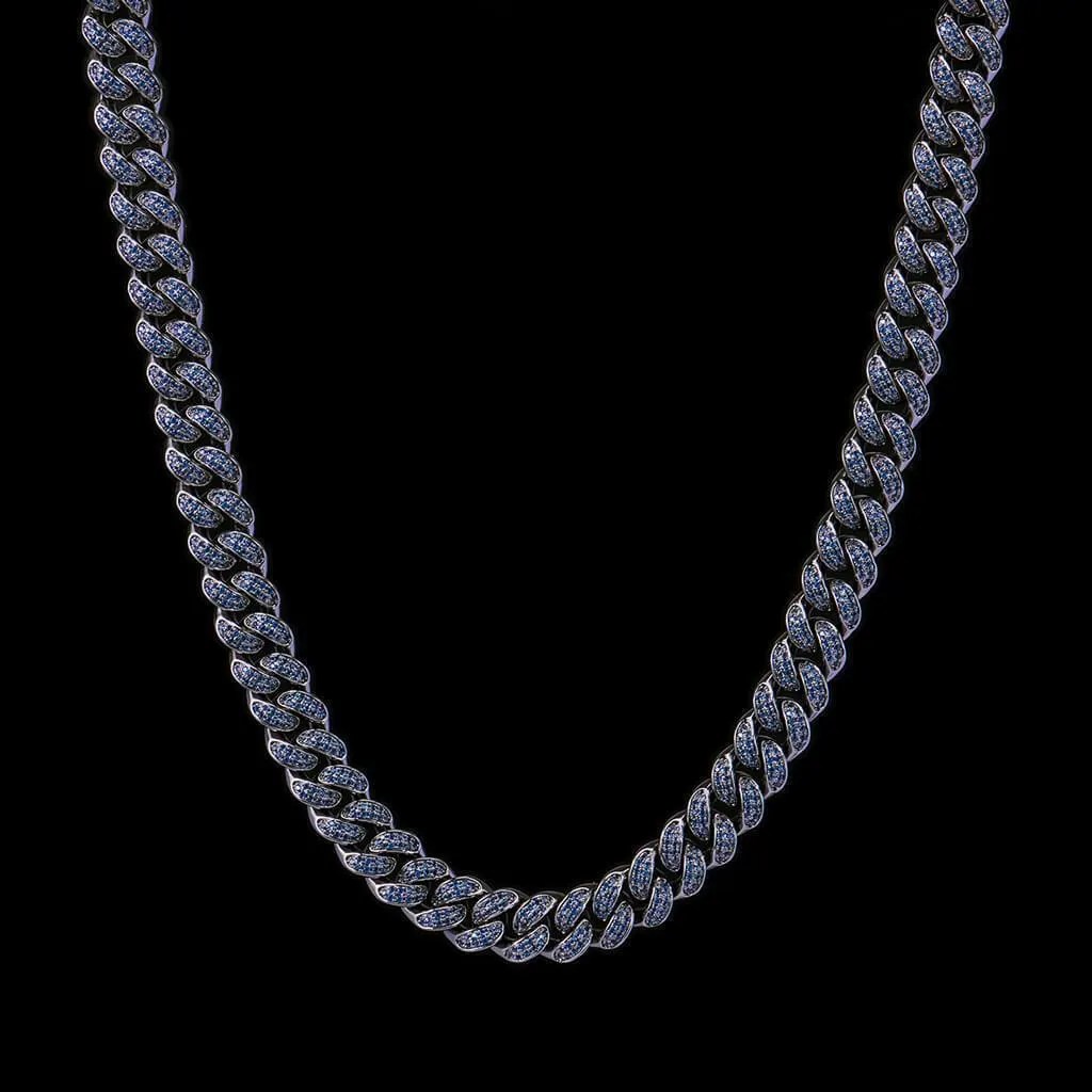 12mm Black Iced Cuban Link Chain With Blue Stones