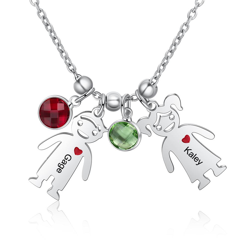 Personalized Kids Charm Necklace With 2 Birthstones Engraved Names Gift