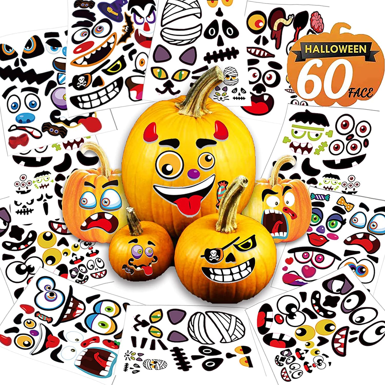 60 Pack Halloween Pumpkin Decorating Stickers, 16 Sheets Cute Pumpkin