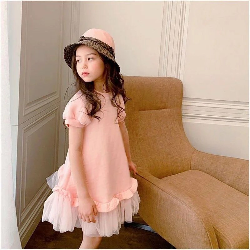 Girls' Pink Fashion Mesh Stitching Shortsleeved Dress Girls Clothes 2