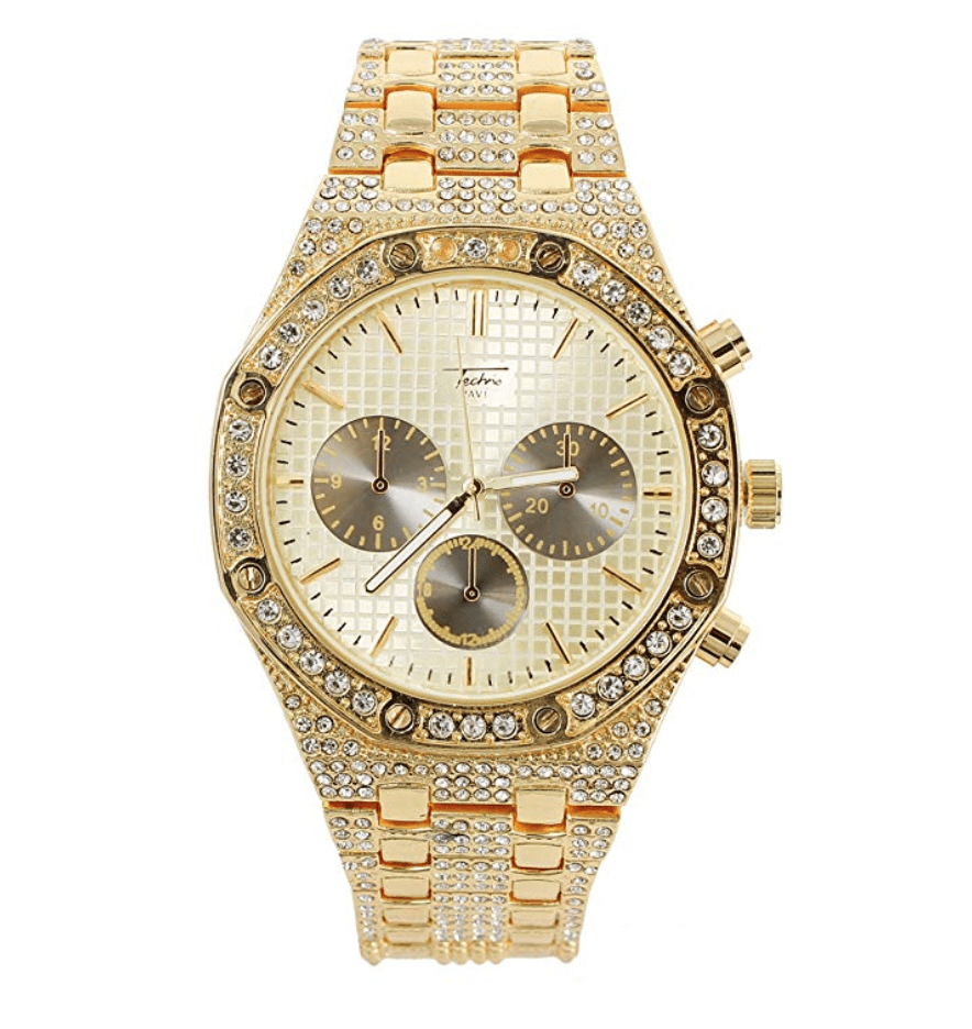 OCTAGONAL CHRONOGRAPH GOLD DIAMOND WATCH BLACK FACE AP