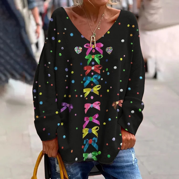 Comstylish Cologne Carnival Bow Print VNeck Loose TShirt