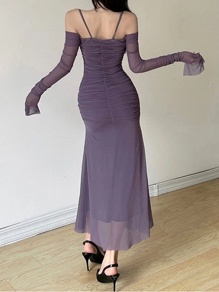 Elegant Offshoulder Chiffon Suspender Long Hiphugging Dress