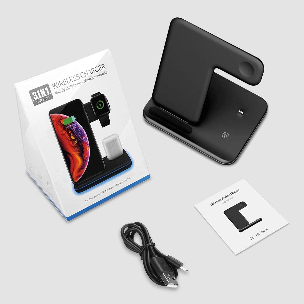 WAITIEE Wireless Charger 3 in 1 QiCertified 15W Fast Charging Station