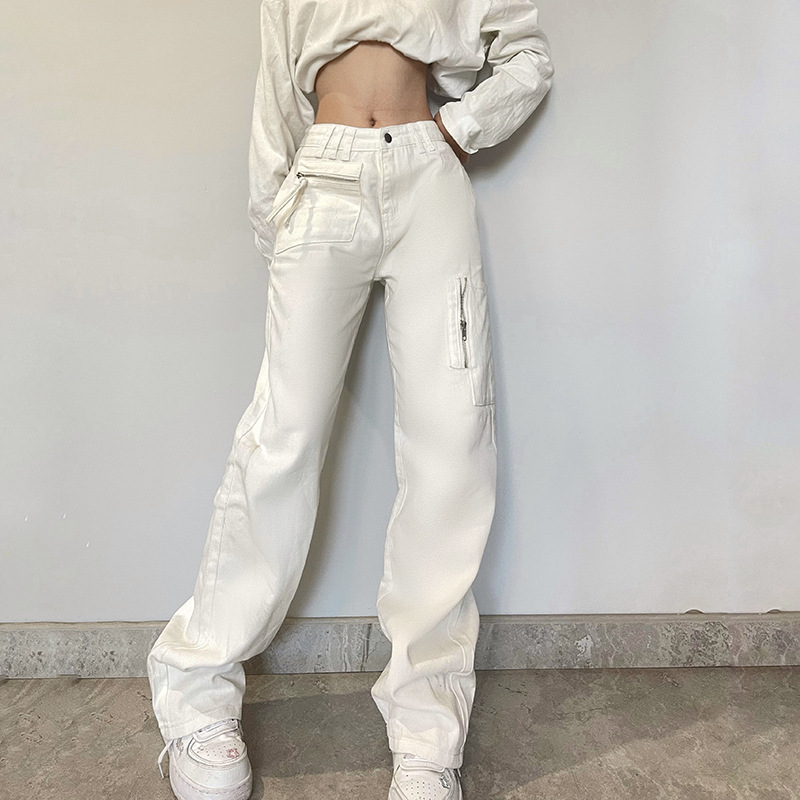 WHITE ZIPPER POCKET STRAIGHT JEANS