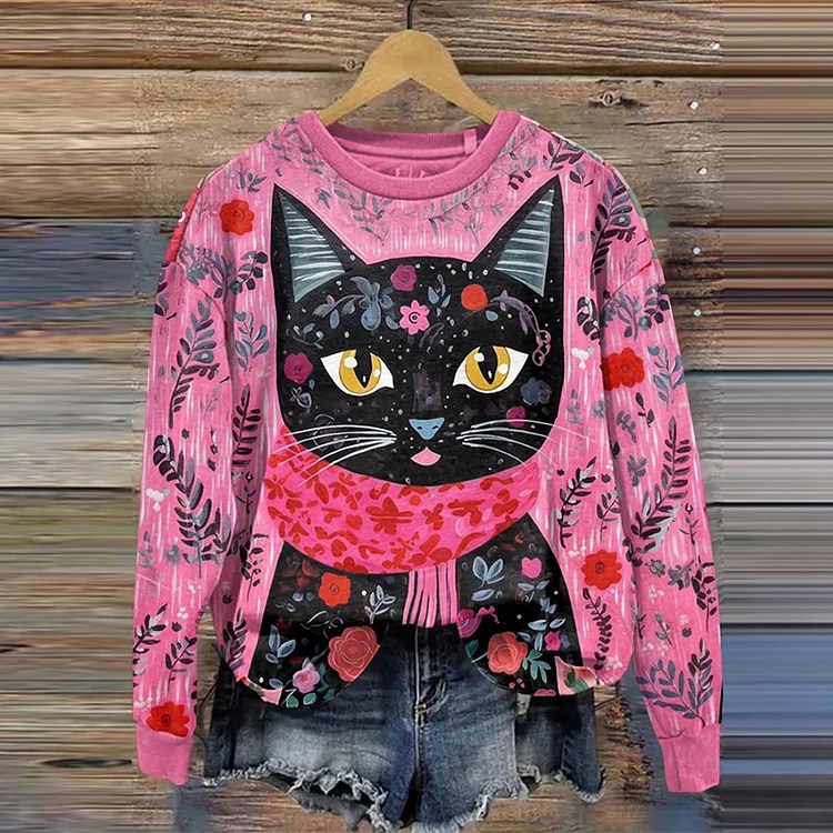 Comstylish Abstract Creative Elegant Black Cat In Floral Print Crew