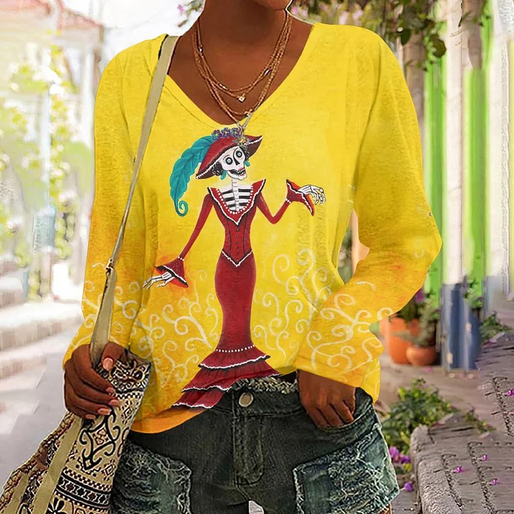 Comstylish Vintage Day Of The Dead Skull Print VNeck TShirt