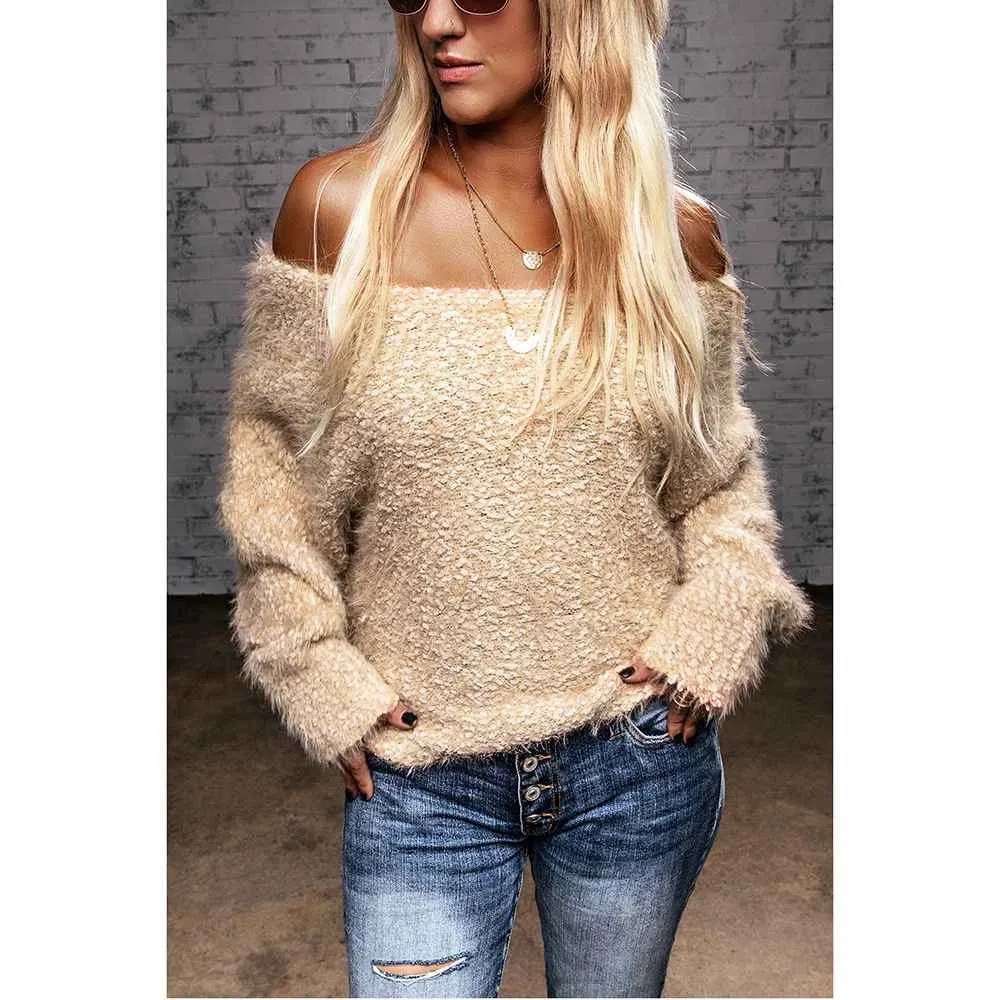 Off Shoulder Fluffy Long Sleeve Sweater