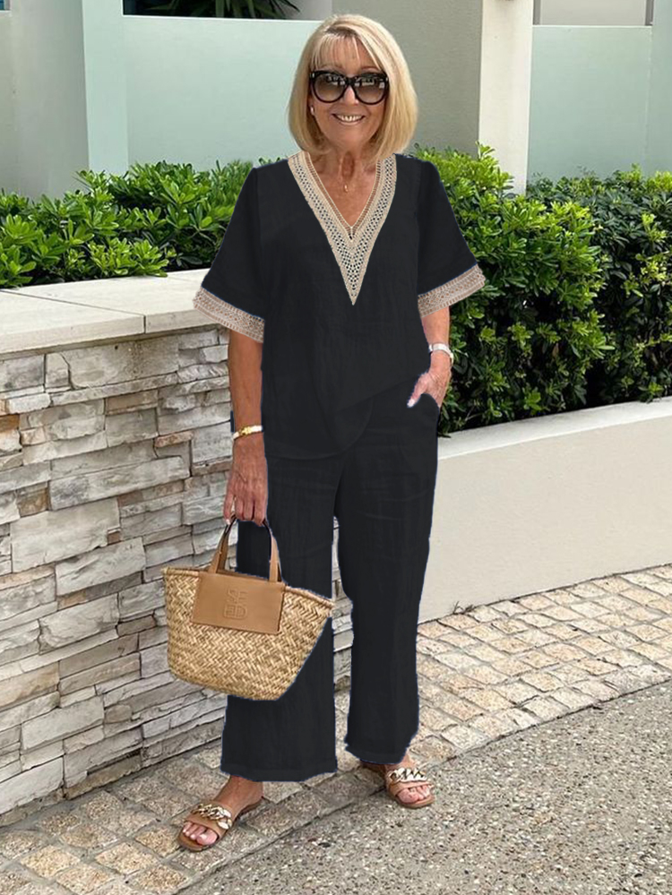 Plus Size Loose Cotton and Linen Lace Stitching TwoPiece Set