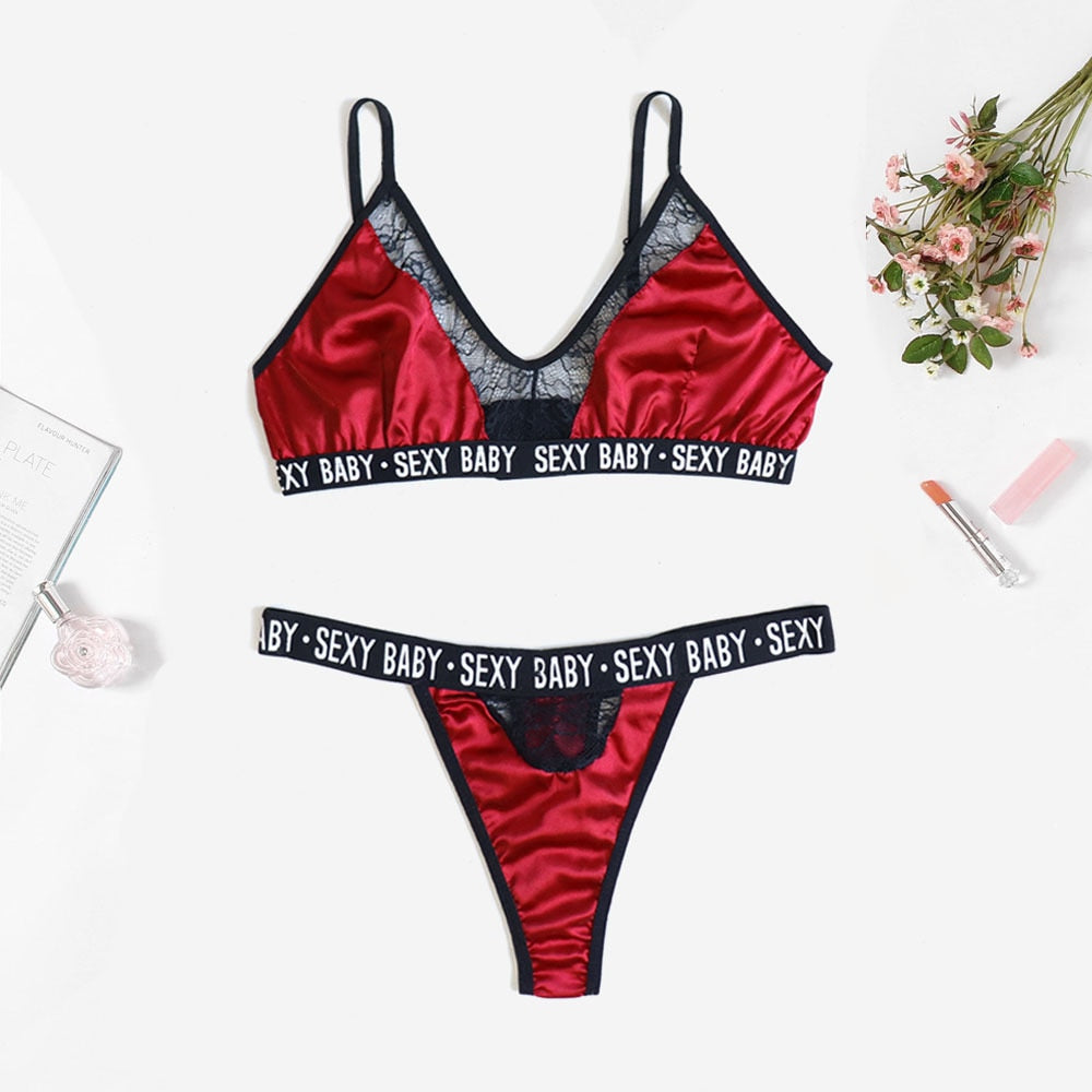 Women Sexy Bandage Bra Set Sports Beach Underwear Letter Print Push Up Bra+Thongs Panties