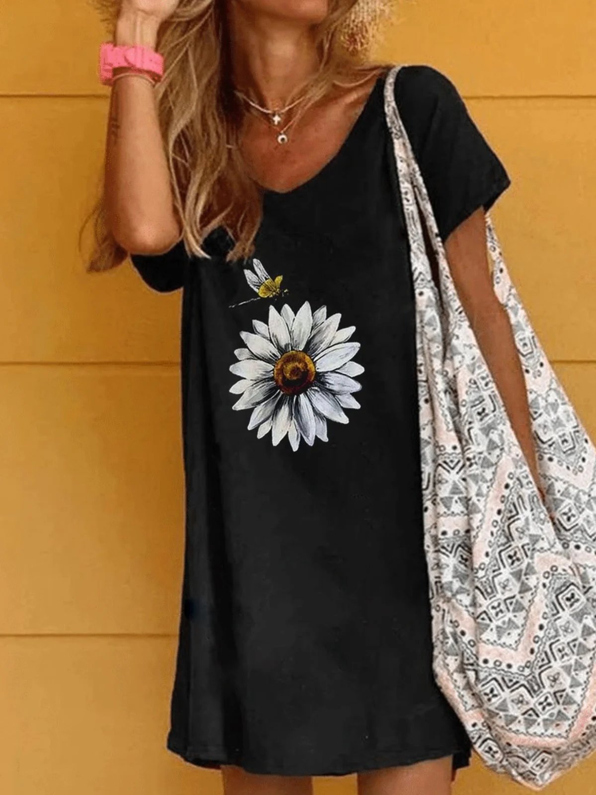 Black Printed Cotton Casual Dresses