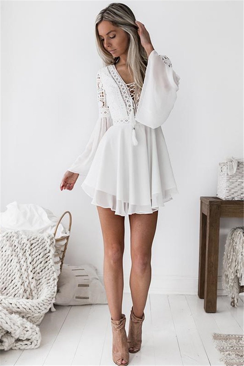 ALine Vneck Bell Sleeves White Lace Dress