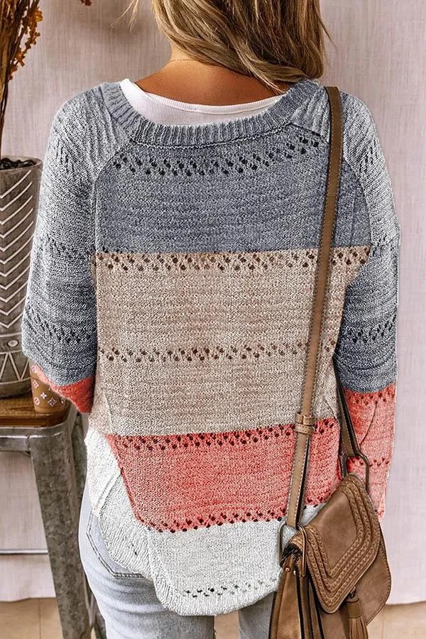 Holiday Striped Jacquard Colorblock Knitted Hollow Out Buttons Down