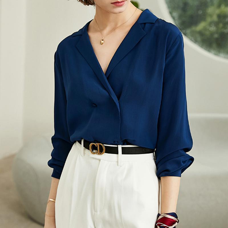 Women Navy Blue V Neck Silk Blouse