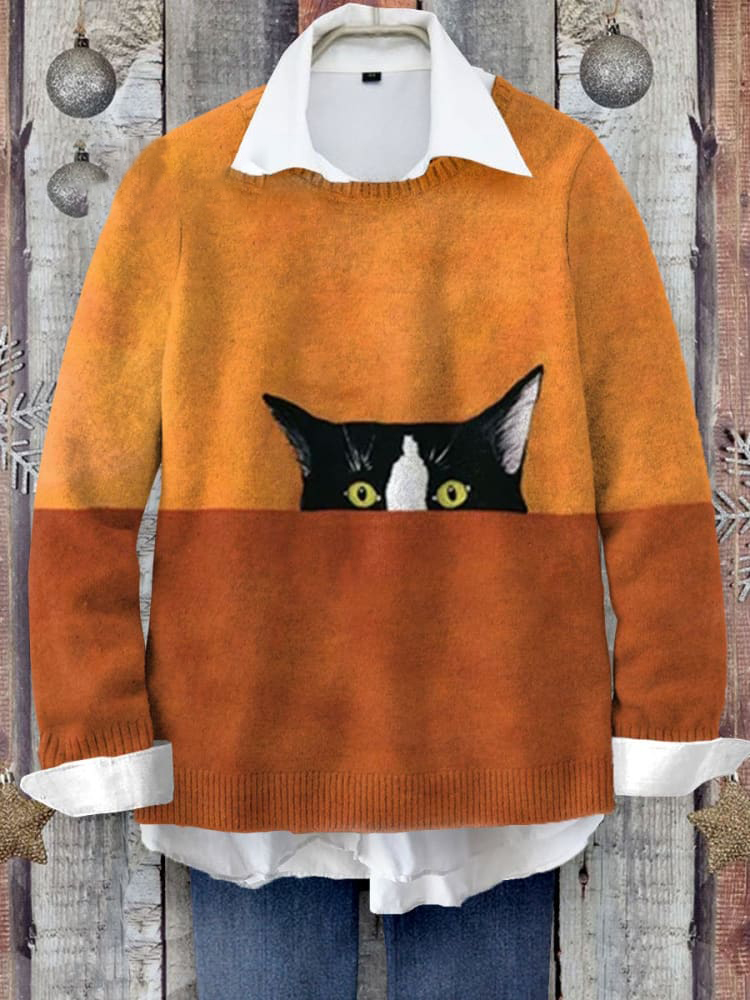 Comstylish Abstract Black Cat Art Print Knit Cozy Sweater