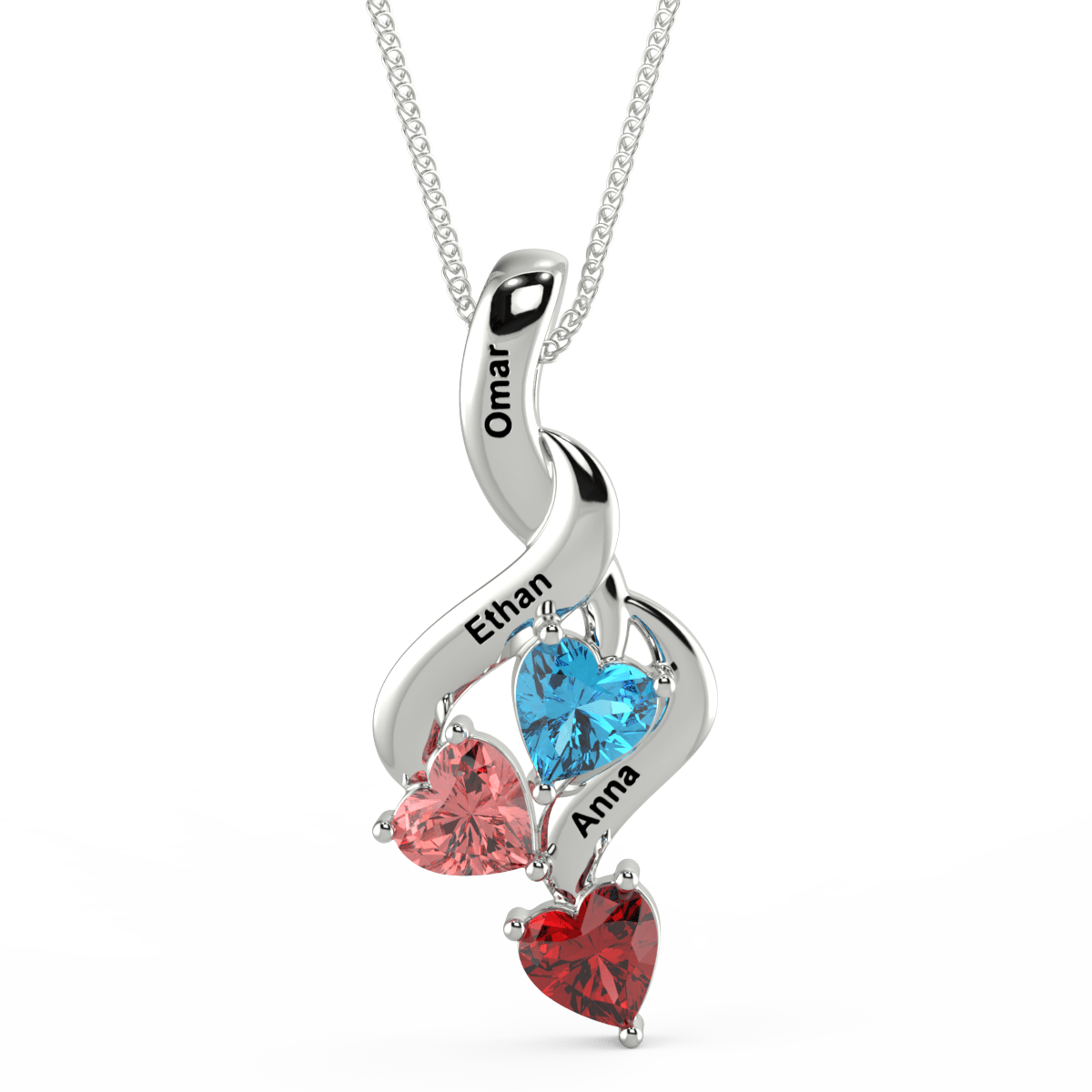925 Sterling Silver 3 hearts Birthstone Mother Necklace
