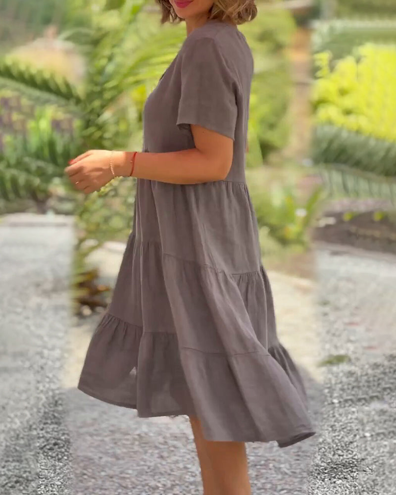 Cotton linen vneck solid color dress