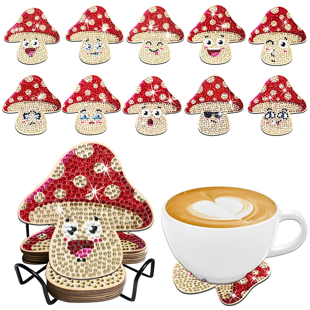 10Pcs DIY Mushroom Emoji Diamond Painting Coaster Set With Holder