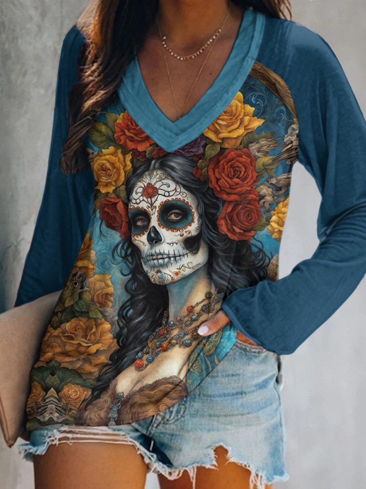 Comstylish Mexican Day Of The Dead Printed VNeck TShirt