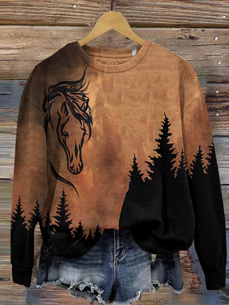 Comstylish Vintage Southwestern Horse Print Crewneck Sweatshirt