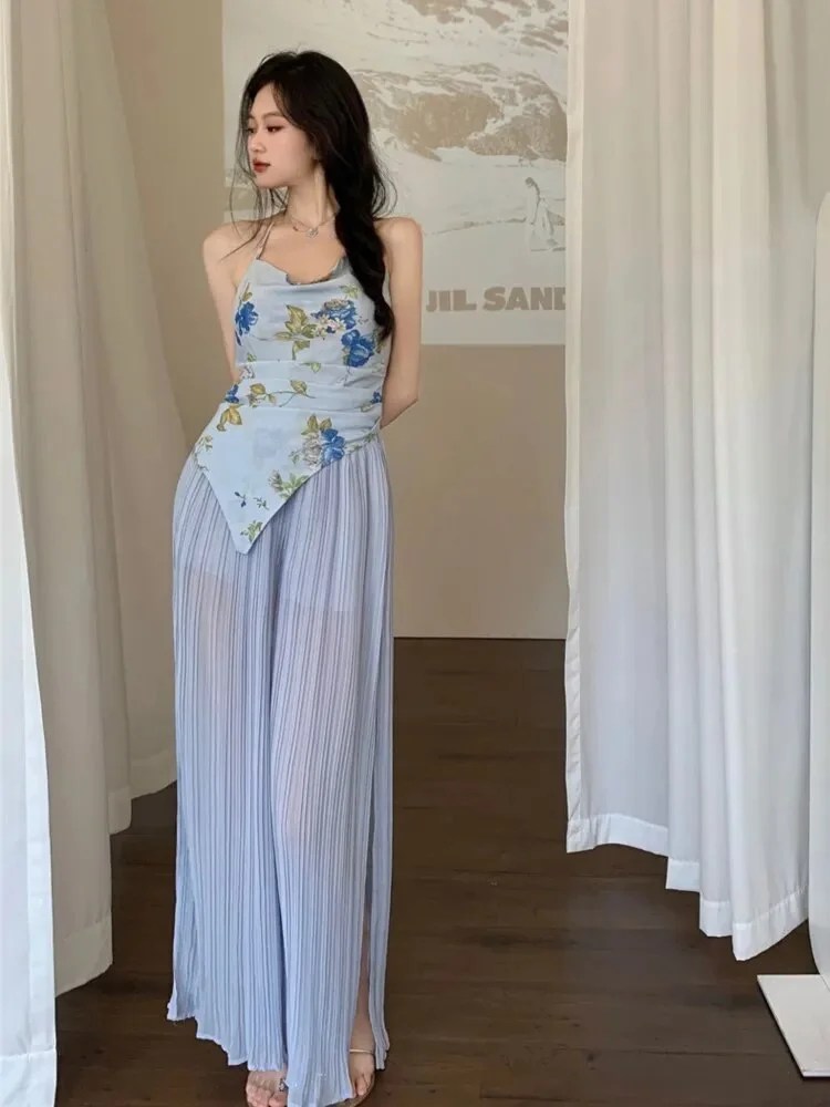 Nigikala Women's Pleated Pant Suit 2 Piece Set French Style Sexy Halter Top & Elastic Waist Long