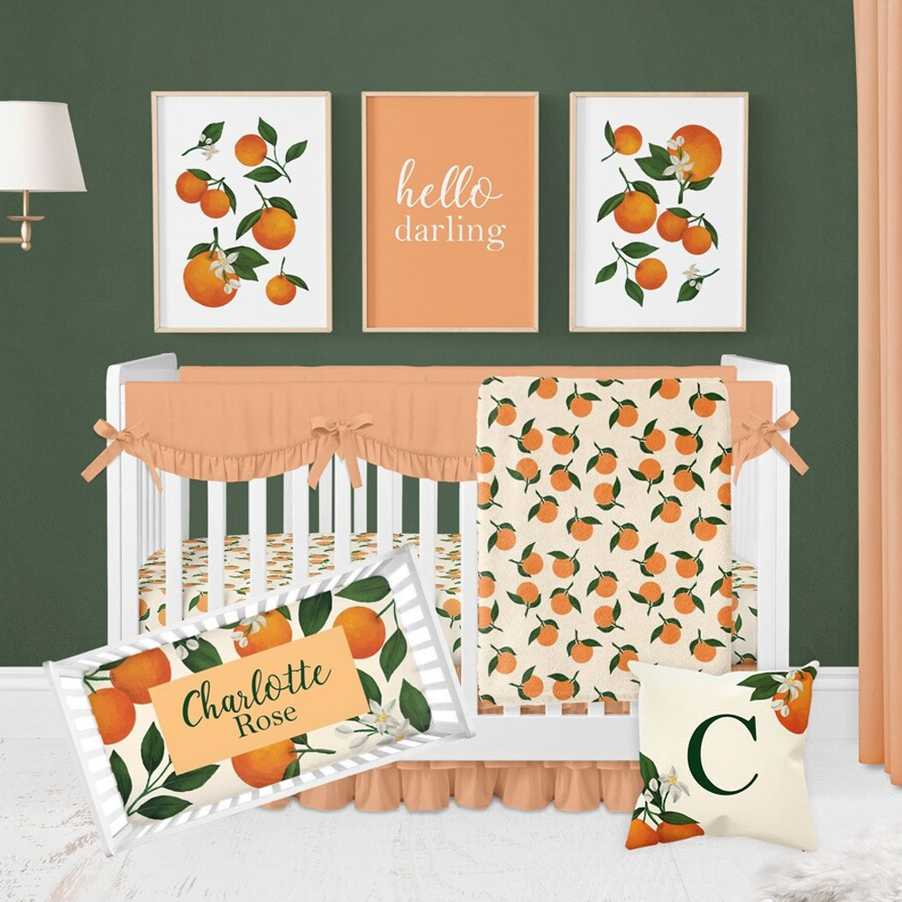 Orange Blossom Crib Bedding Set, Clementine Nursery, Floral BeddingDuckbe