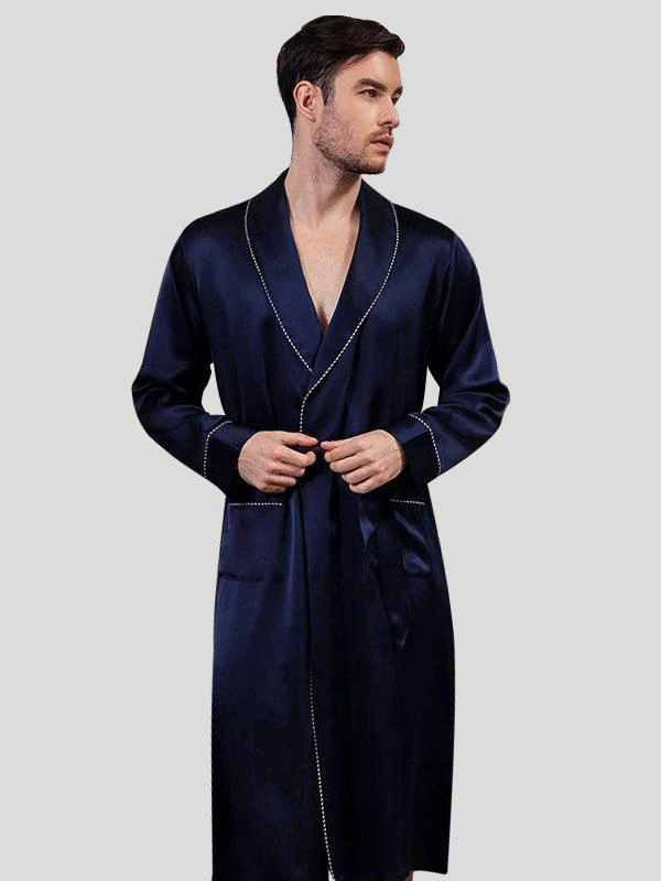 Realsilklife Luxury Navy Blue Men's Silk Robe