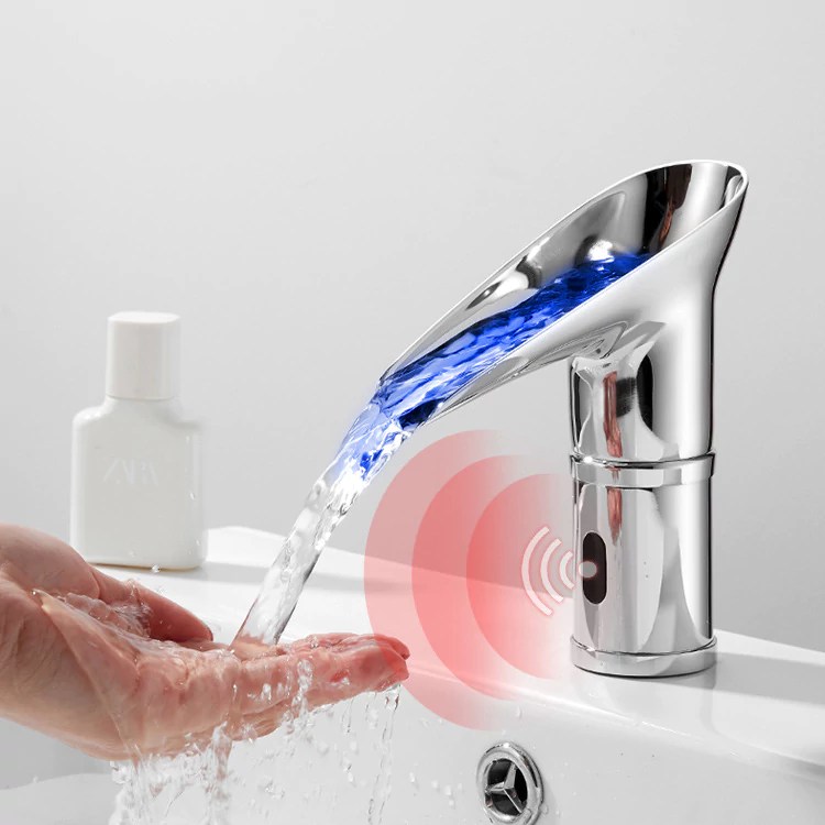 Modern Touchless Waterfall LED Lighted Bathroom Sink Faucets Hot And