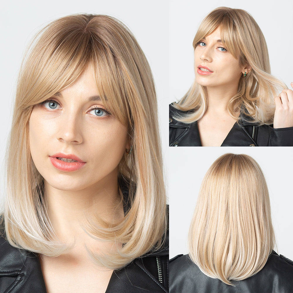 Brown Ombre Blonde Medium Length Straight Wigs Natural Hair Wig with Bangs