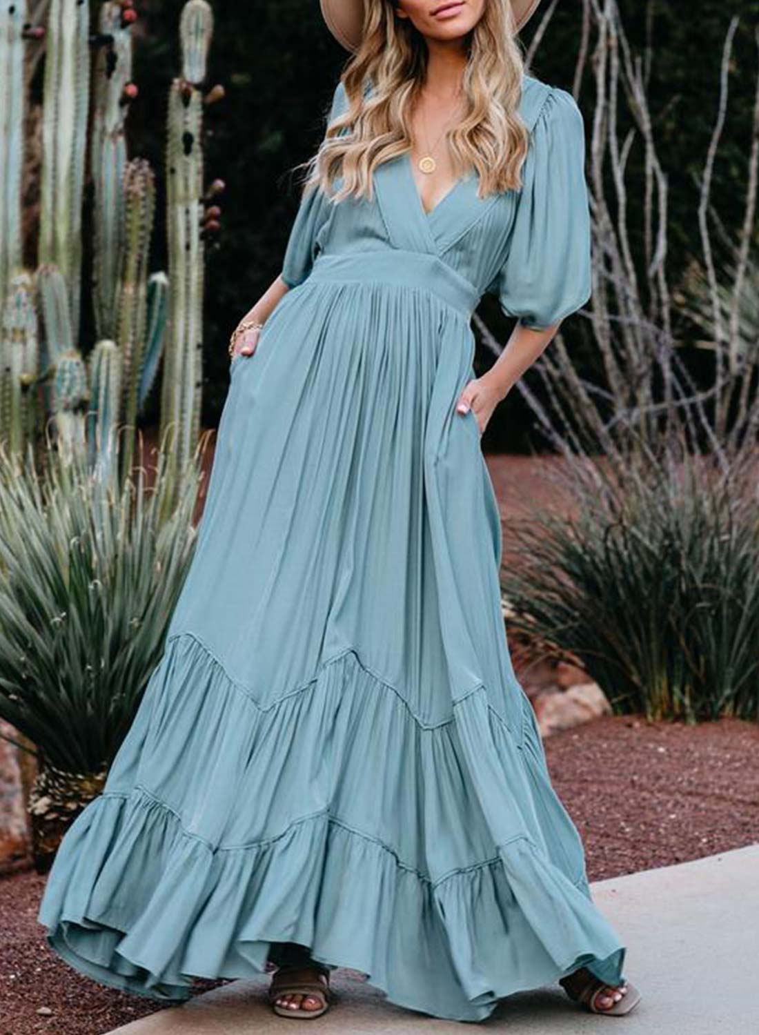 Boho Dresses Women's Maxi Dress Solid Fit & Flare Short Sleeve V Neck