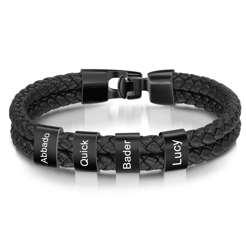 Personalized Braided Leather Bracelet Engraved 4 Names Men's Bracelet