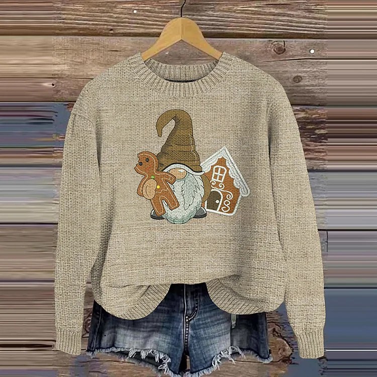 Comstylish Gnome And Gingerbread Man Embroidered Knitted Warm Sweater